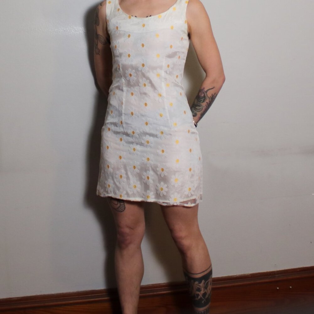 90s White Daisy Floral Mini Dress XS
